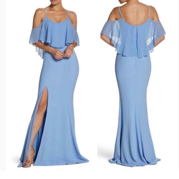 Dress The Population Diana Dress Size M Medium Front Slit Maxi Blue NWT - Picture 2 of 5